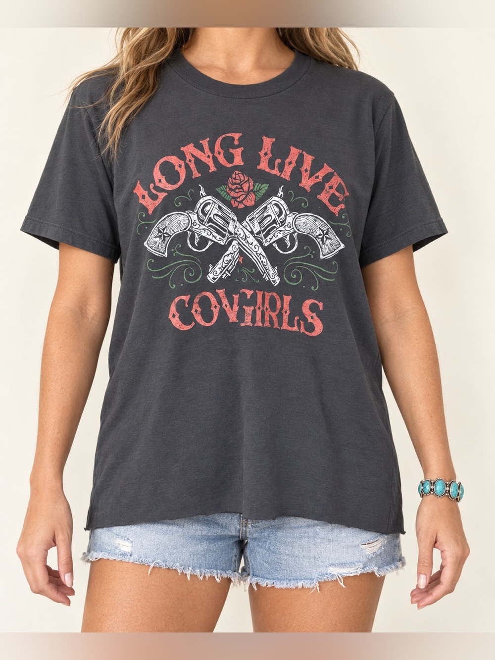 Long Live Cowgirls Western Graphic Tee Charcoal Gray M/L Rodeo Country